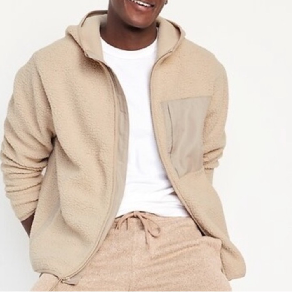 Old Navy Men’s Sherpa Fleece Zip-Up Hoodie Beige Large‎